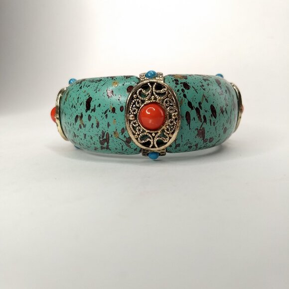 Silver Tone Metal Bead Turquoise Color Splatter Wide Bangle Bracelet Western - Picture 2 of 7